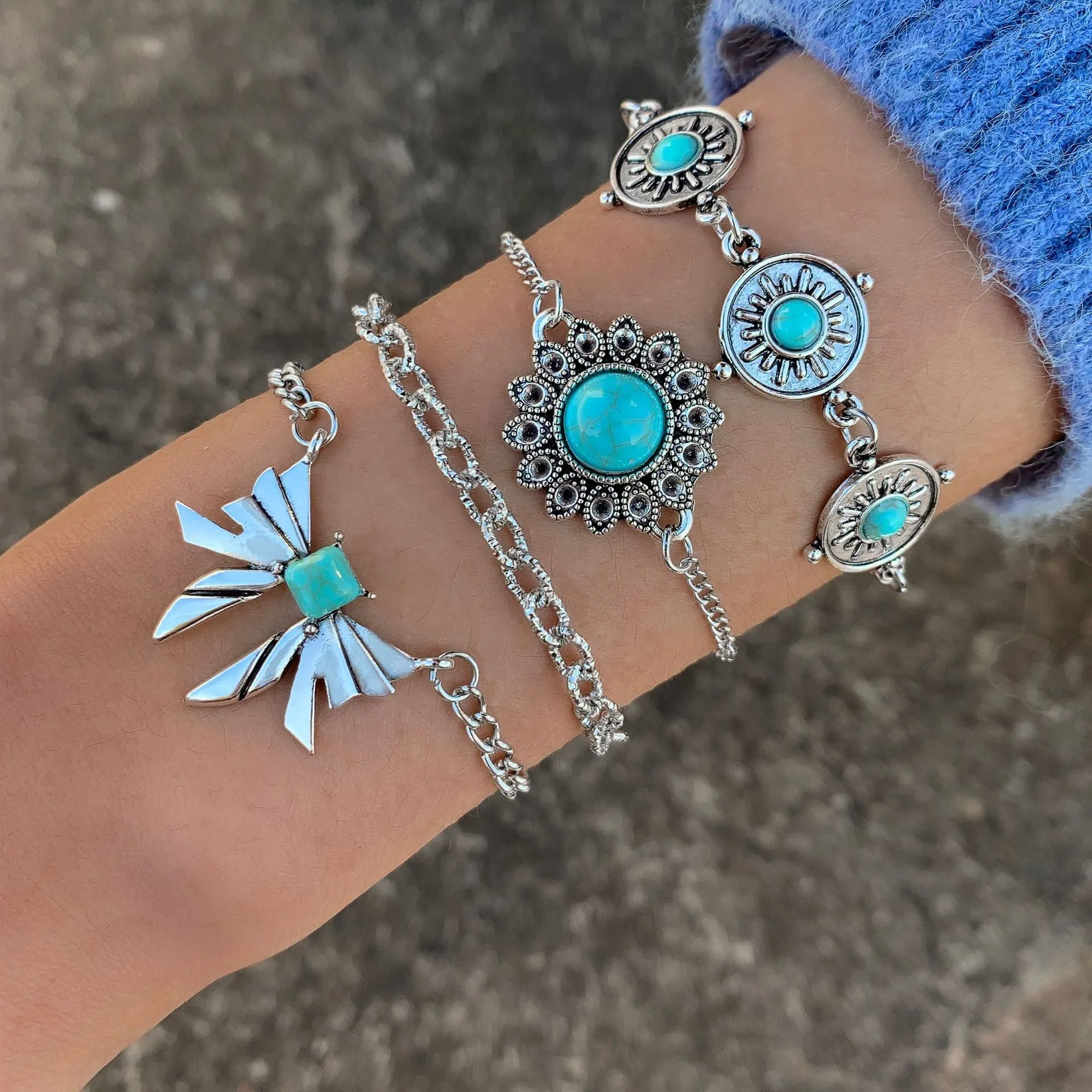 Turquoise alloy butterfly bracelet set with exaggerated design and electroplated finish