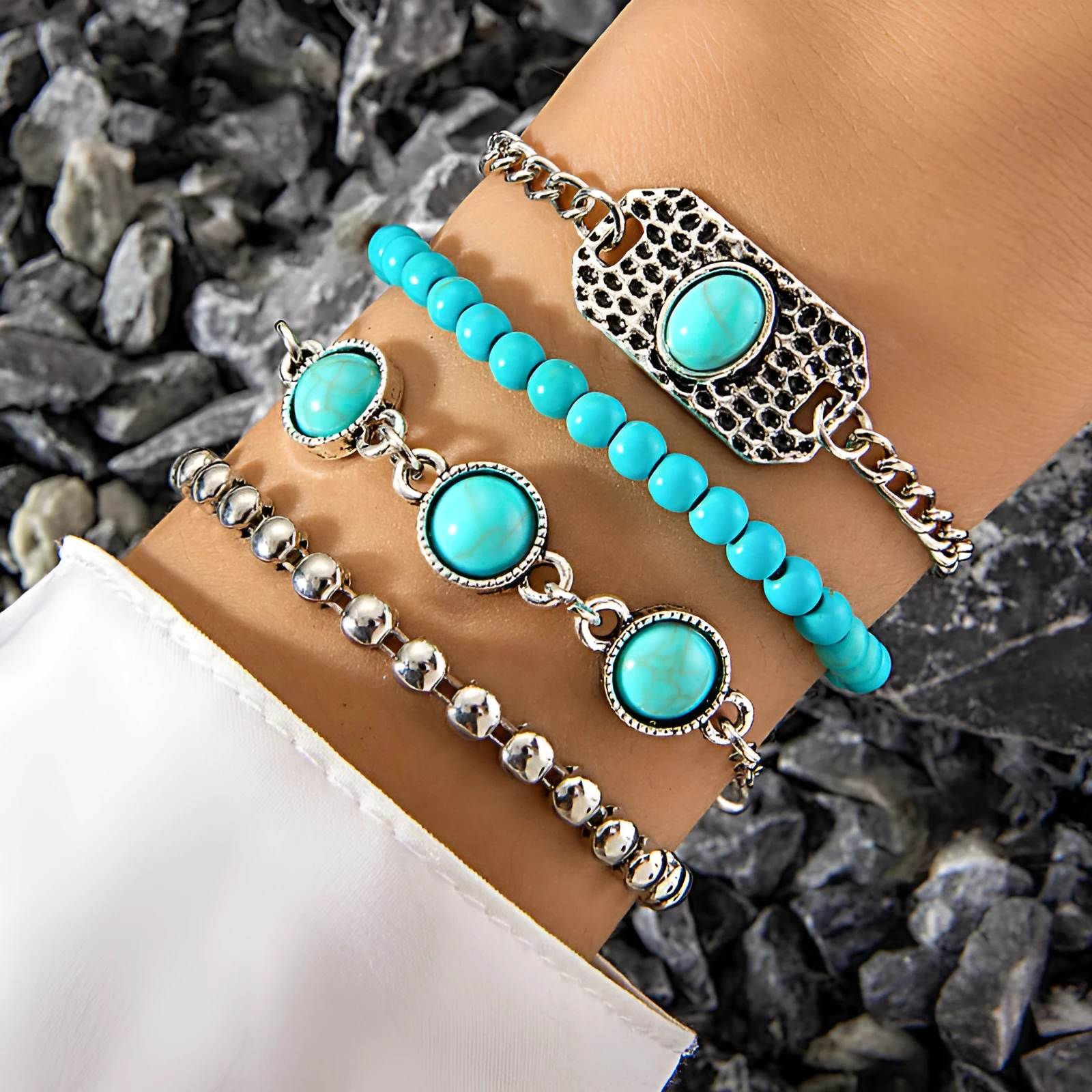 Turquoise alloy butterfly bracelet set with exaggerated design and electroplated finish