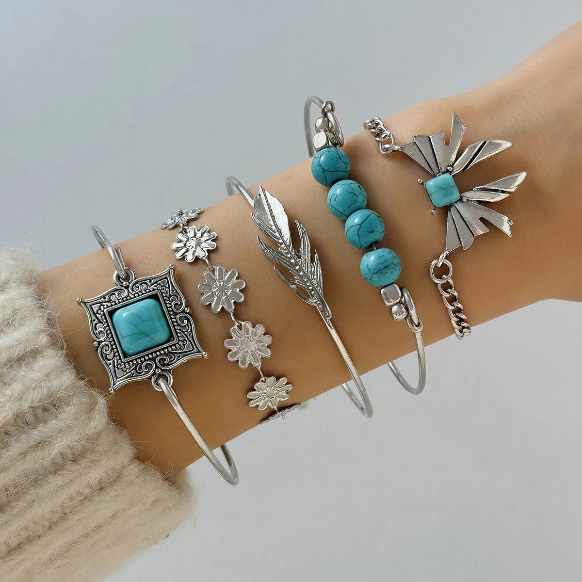 Turquoise alloy butterfly bracelet set with exaggerated design and electroplated finish