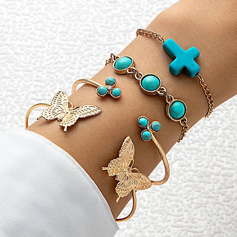 Turquoise alloy butterfly bracelet set with exaggerated design and electroplated finish