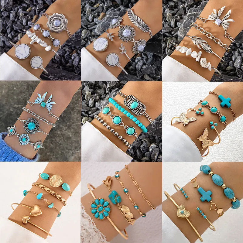 Turquoise alloy butterfly bracelet set with exaggerated design and electroplated finish
