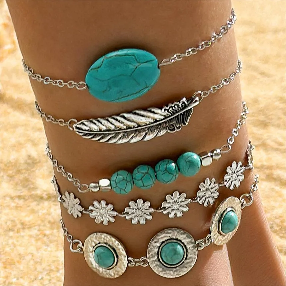 Turquoise alloy butterfly bracelet set with exaggerated design and electroplated finish
