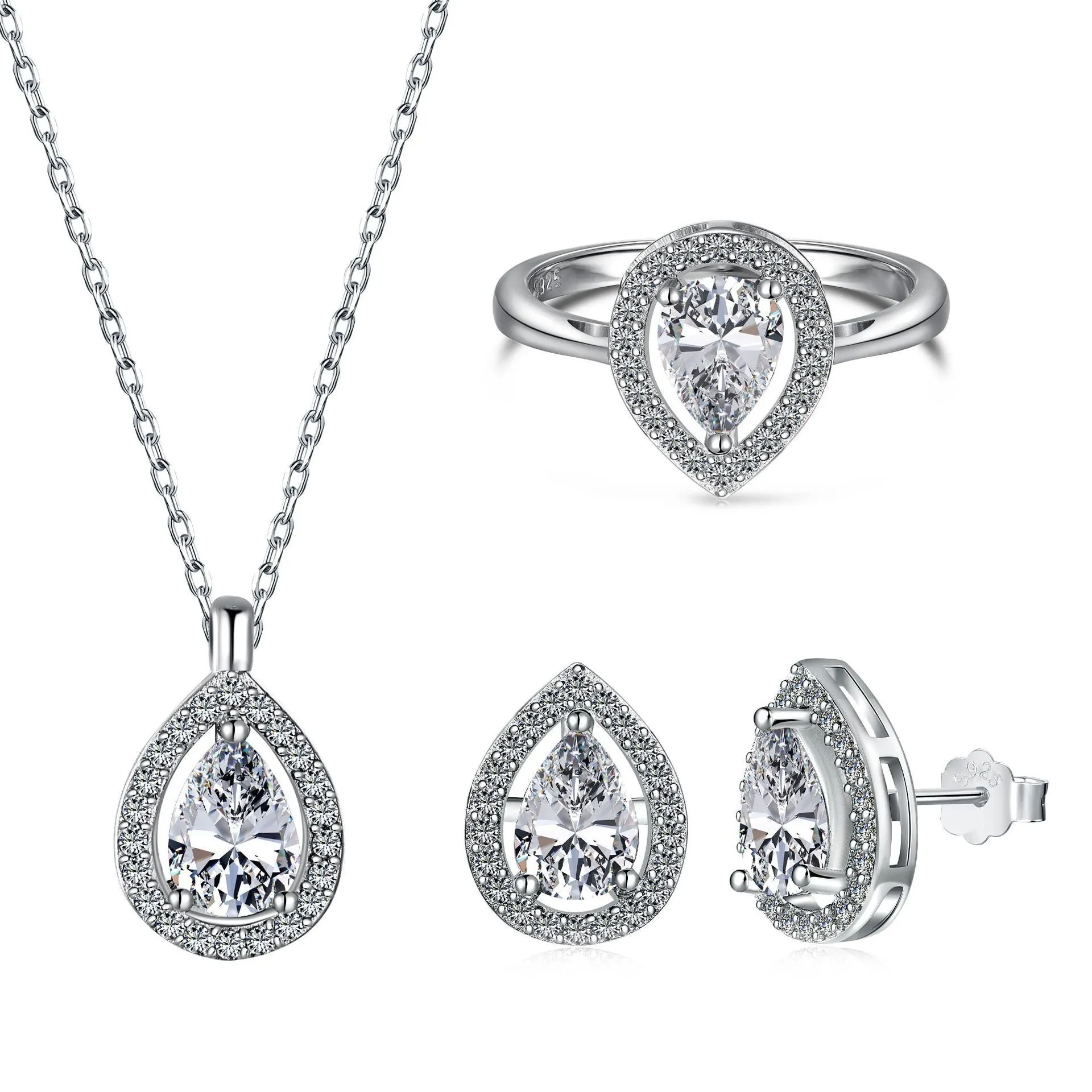 S925 sterling silver ring with drop-shaped diamond zircon stone in light luxury style, available in UK sizes No 5 to No 9