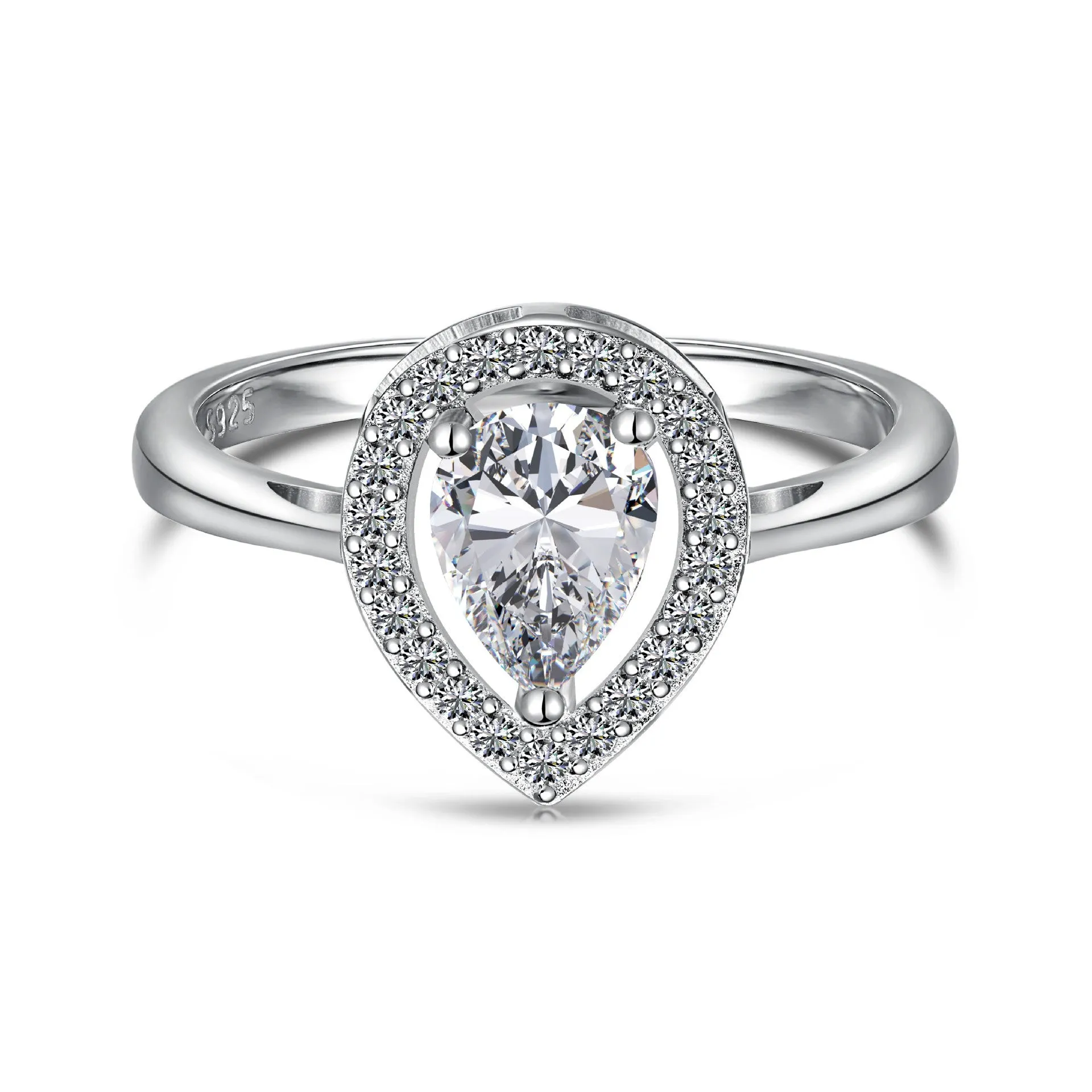 S925 sterling silver ring with drop-shaped diamond zircon stone in light luxury style, available in UK sizes No 5 to No 9