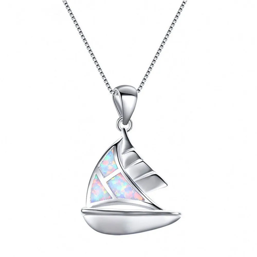Fashion 5-color sailboat pendant necklace with opal pendant and alloy box chain, women's clavicle chain in blue