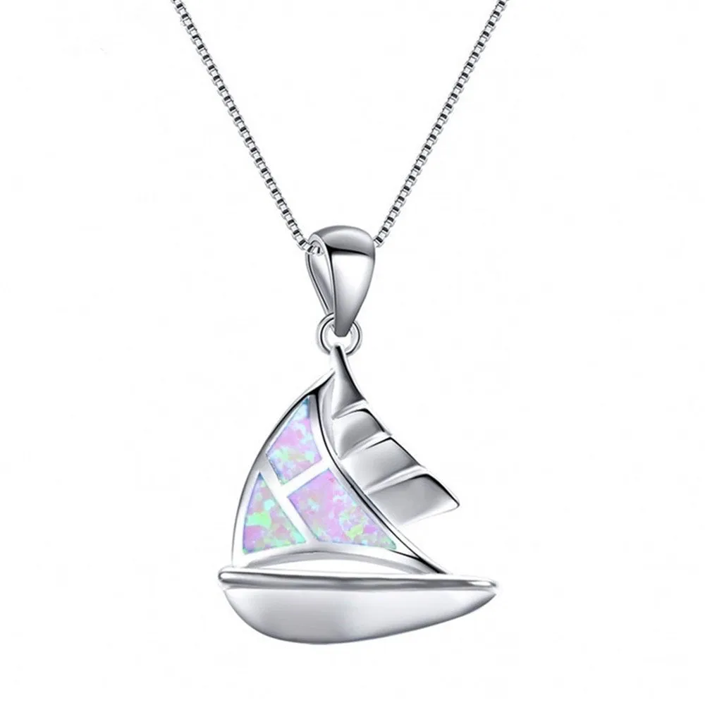 Fashion 5-color sailboat pendant necklace with opal pendant and alloy box chain, women's clavicle chain in blue