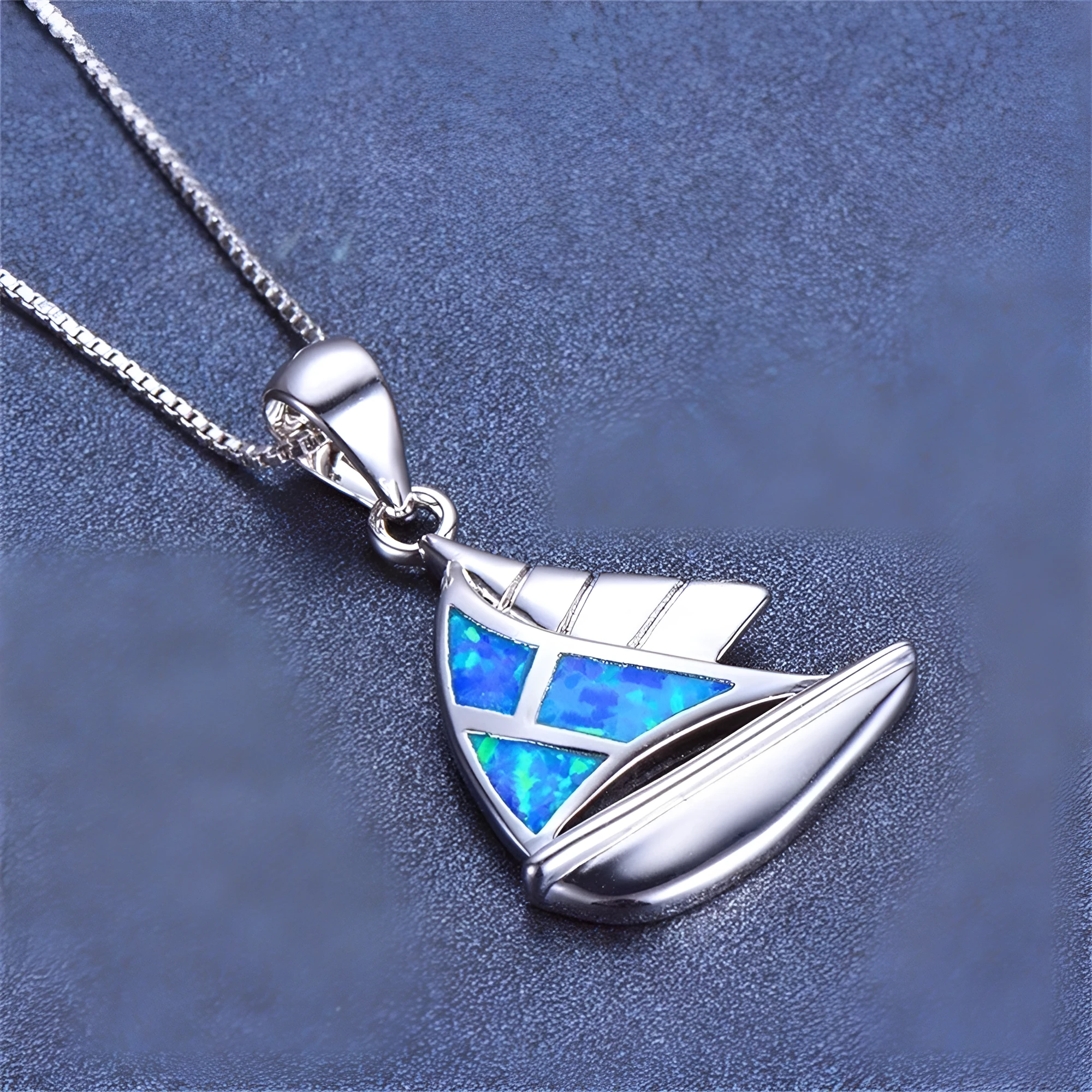 Fashion 5-color sailboat pendant necklace with opal pendant and alloy box chain, women's clavicle chain in blue