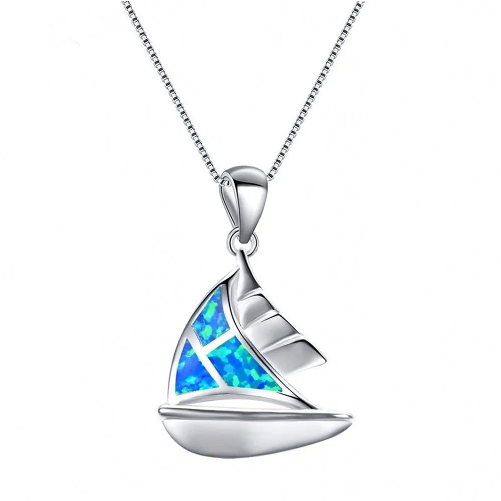 Fashion 5-color sailboat pendant necklace with opal pendant and alloy box chain, women's clavicle chain in blue