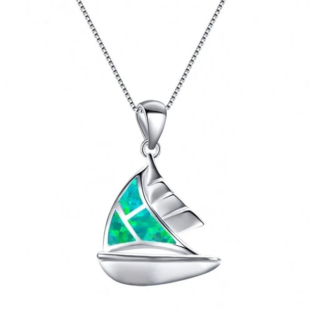 Fashion 5-color sailboat pendant necklace with opal pendant and alloy box chain, women's clavicle chain in blue