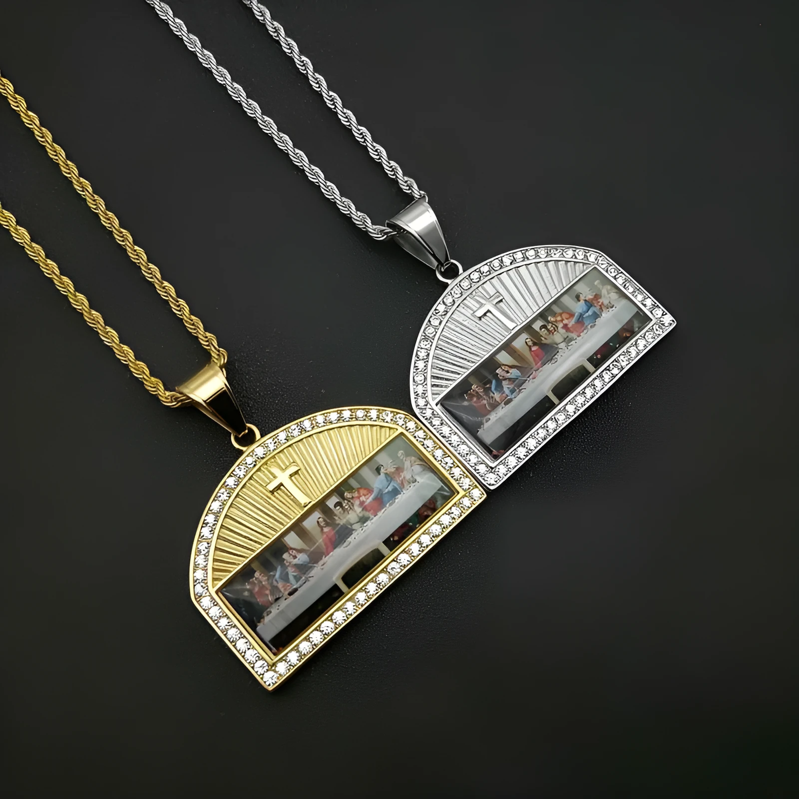 Titanium steel gold-plated thirteen apostles pendant necklace with gang drill texture on black background
