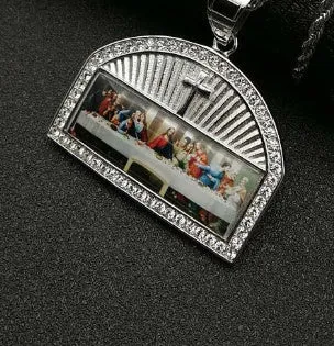Titanium steel gold-plated thirteen apostles pendant necklace with gang drill texture on black background