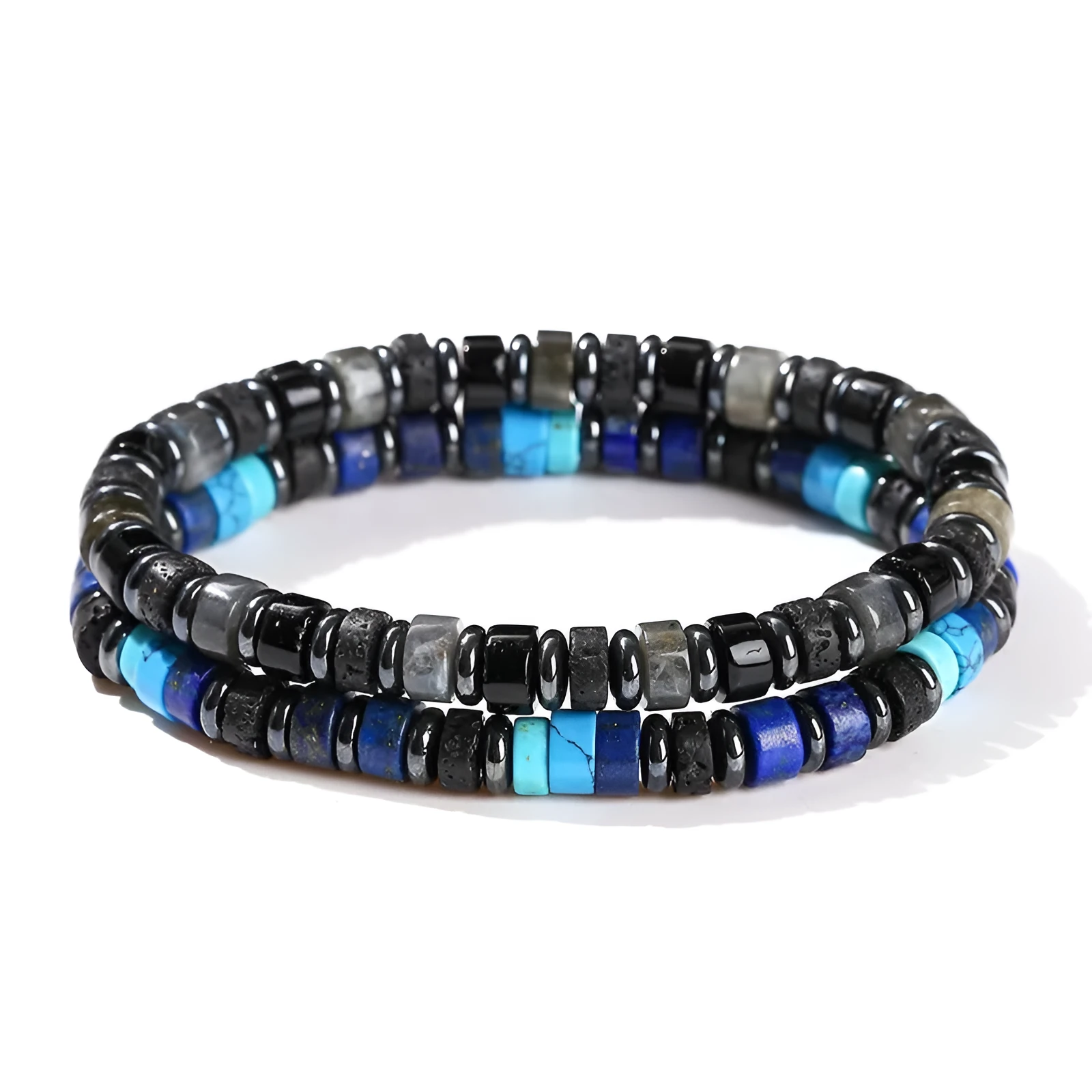Natural volcanic rock and haematite 6mm geometric bead bracelet in blue pine lapis lazuli or haematite colours