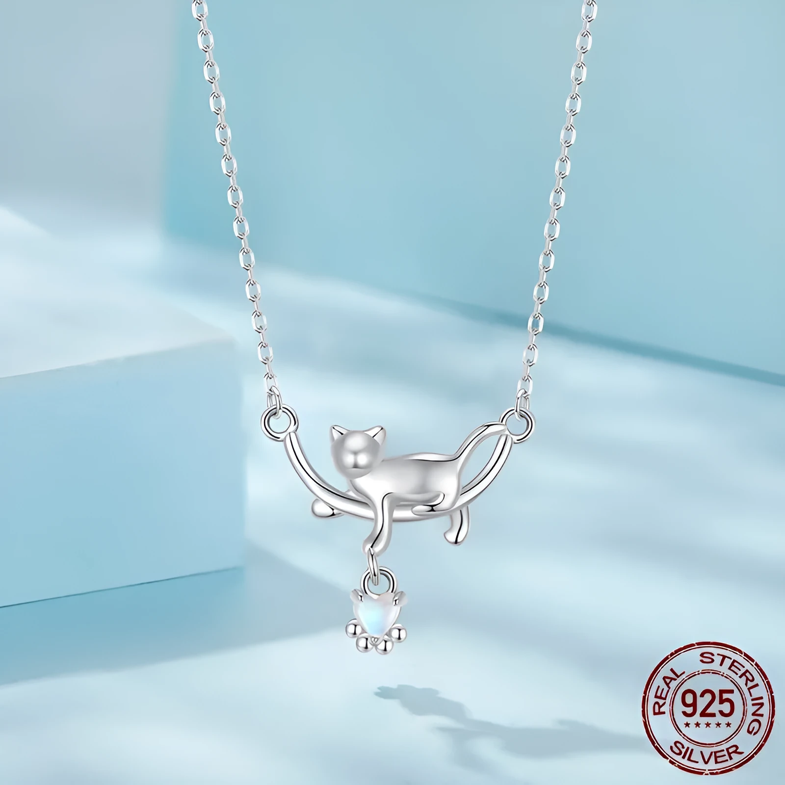 925 sterling silver white gold plated cat pendant necklace on O-shaped chain, adjustable 41-50cm, women's fashion OL style