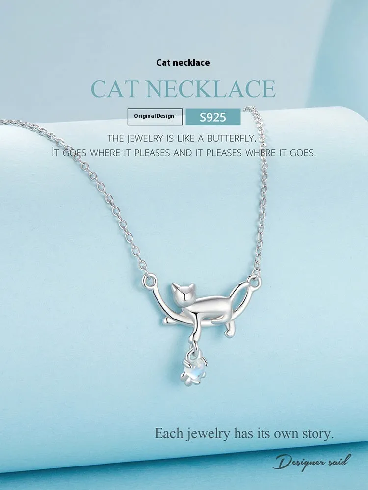 925 sterling silver white gold plated cat pendant necklace on O-shaped chain, adjustable 41-50cm, women's fashion OL style