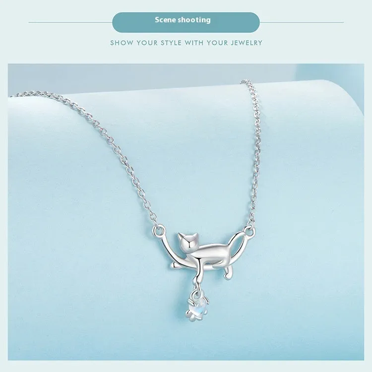 925 sterling silver white gold plated cat pendant necklace on O-shaped chain, adjustable 41-50cm, women's fashion OL style