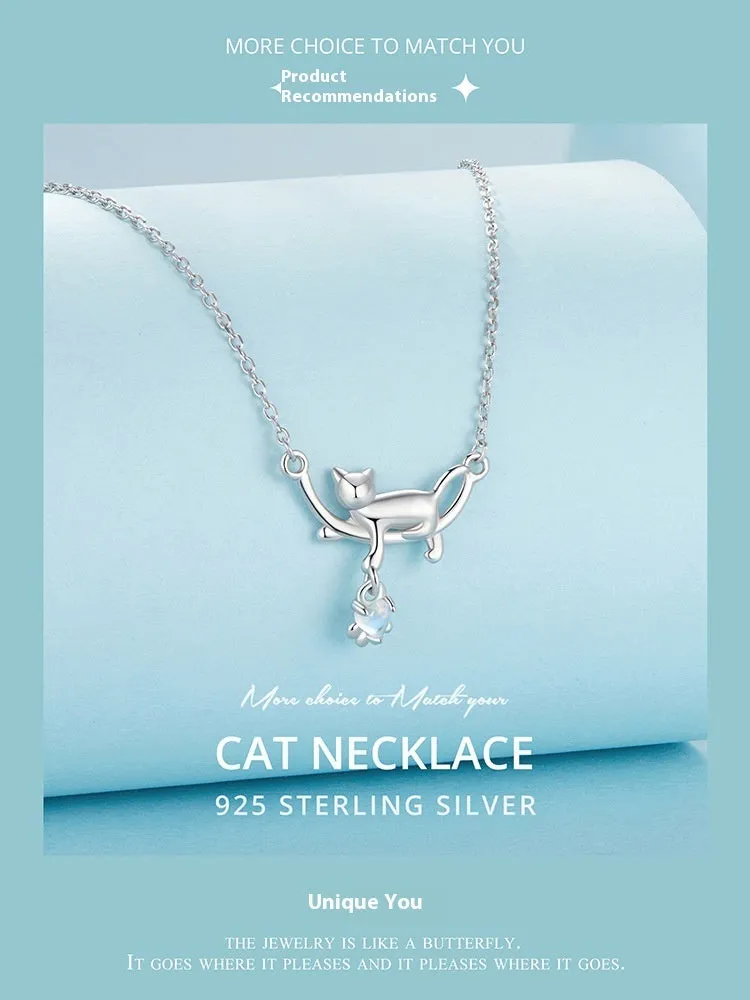 925 sterling silver white gold plated cat pendant necklace on O-shaped chain, adjustable 41-50cm, women's fashion OL style