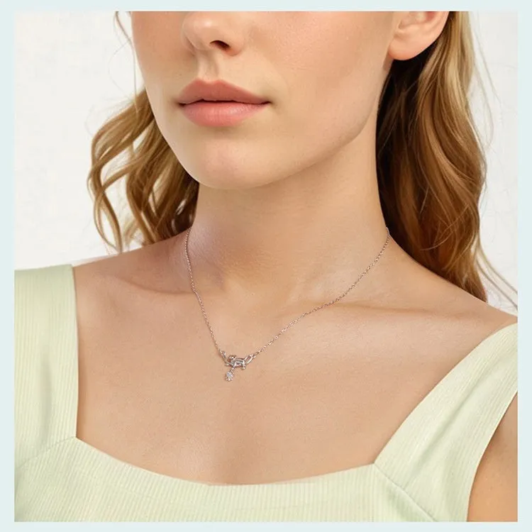 925 sterling silver white gold plated cat pendant necklace on O-shaped chain, adjustable 41-50cm, women's fashion OL style