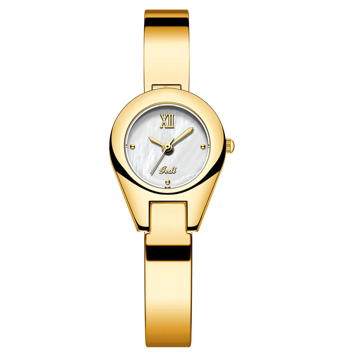 Women's quartz watch with 30mm white shell dial, silver hands, and white strap on display