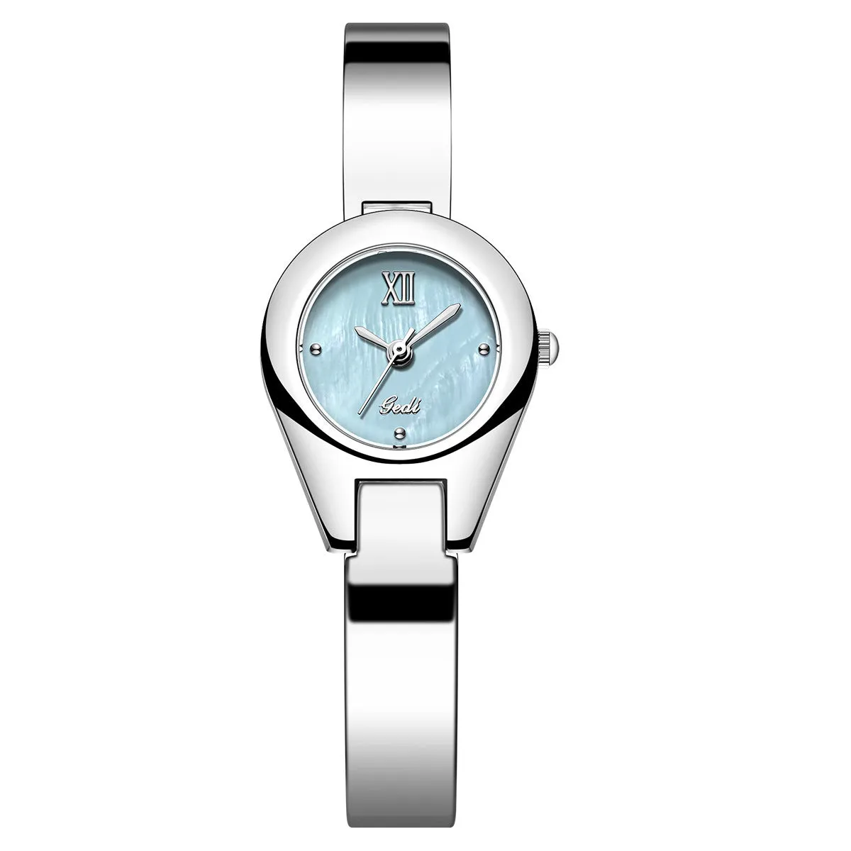 Women's quartz watch with 30mm white shell dial, silver hands, and white strap on display