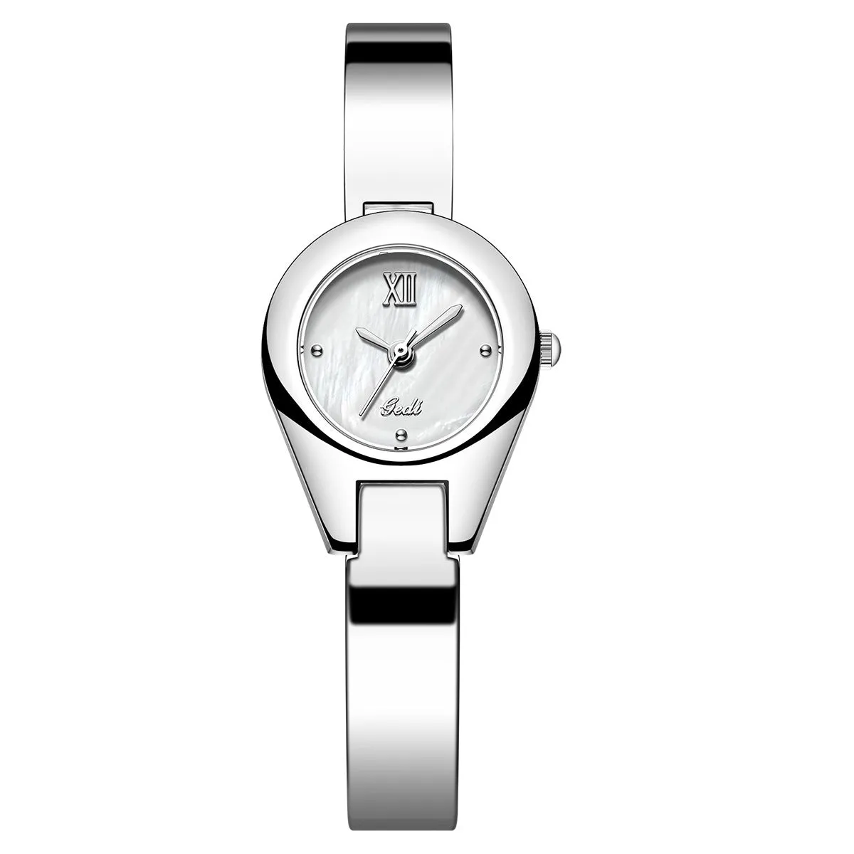 Women's quartz watch with 30mm white shell dial, silver hands, and white strap on display