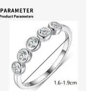 925 silver round moissanite ring with white gold electroplated finish on a geometric band, available in sizes 5 to 9