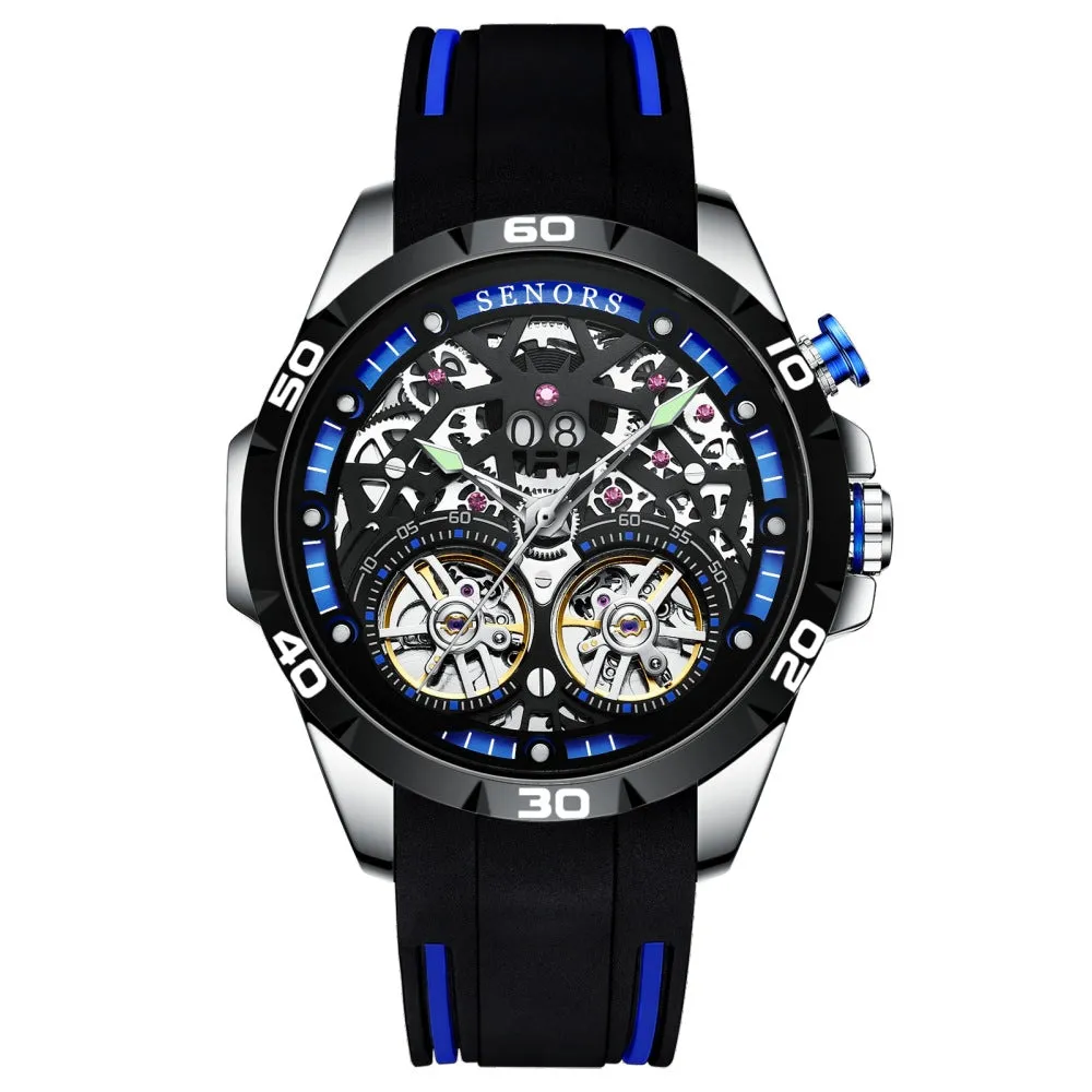 Men's automatic mechanical watch with luminous skeleton dial in red or blue colour showing 14mm case thickness