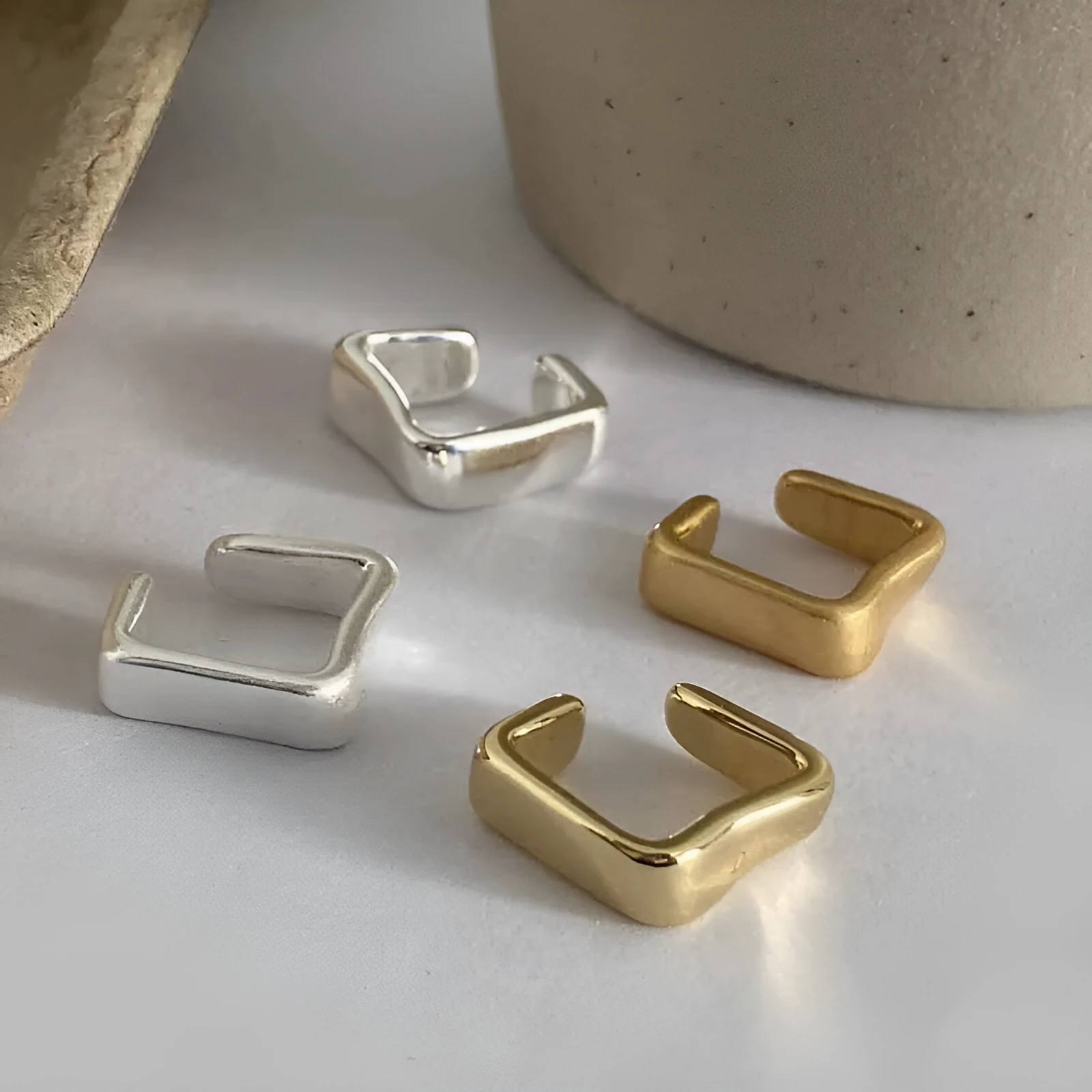 Geometric brass ear clip for women electroplated copper clip-on earring bright gold finish