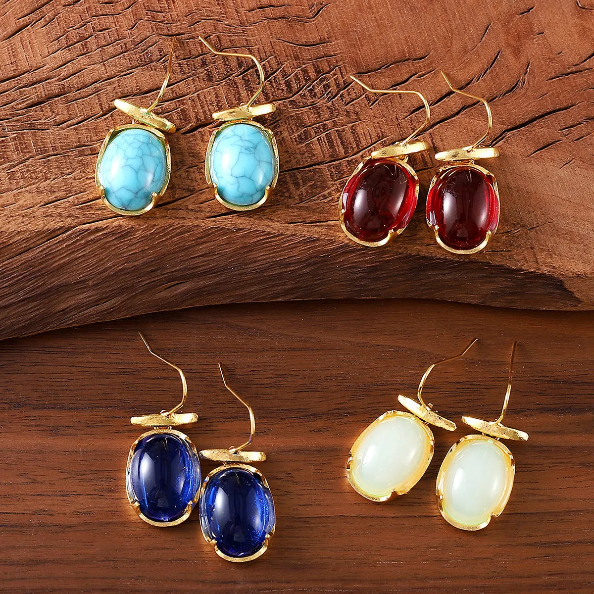 Zinc alloy geometric pendant earrings for women in ruby, sapphire, turquoise, and white gemstone colours