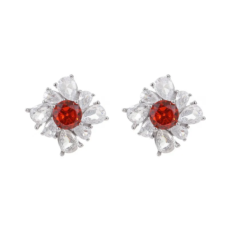 Retro geometric 925 silver earrings with white gold electroplating and pigeon red accents