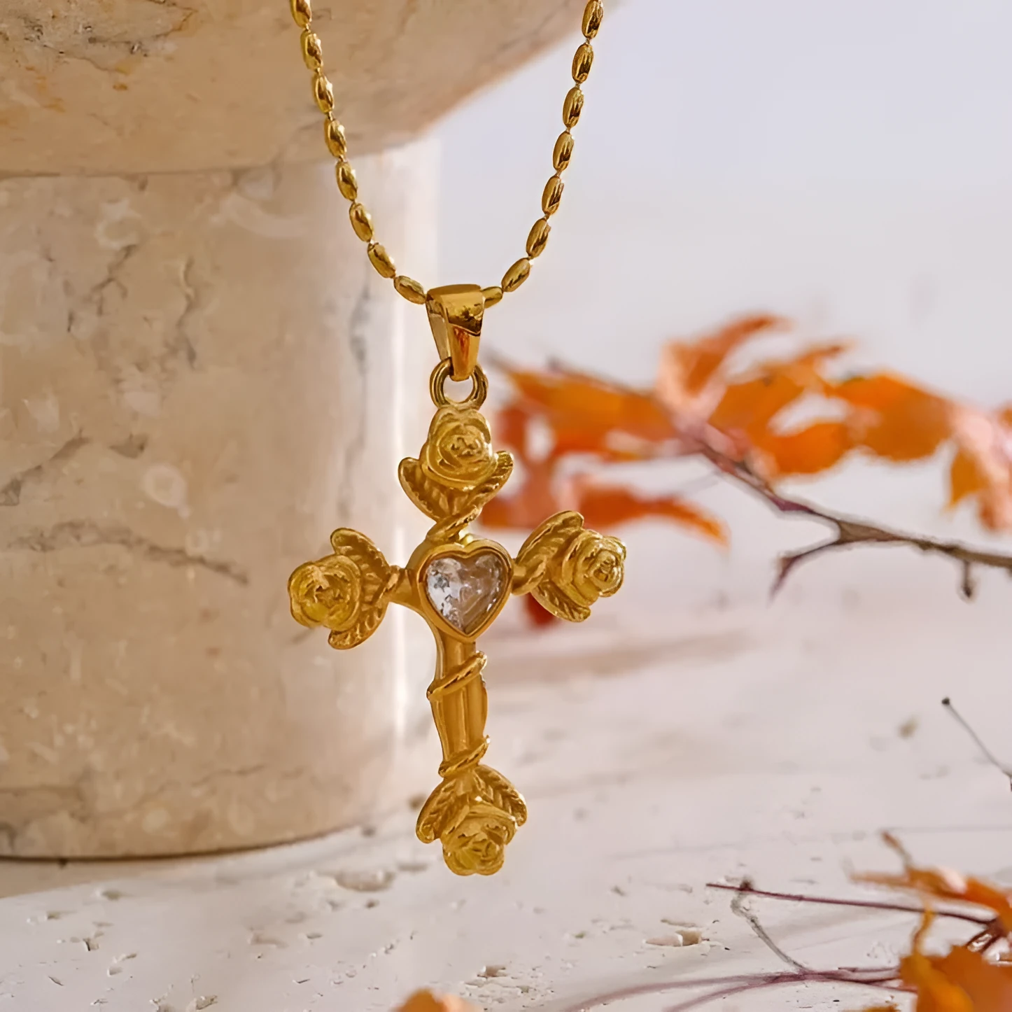 Zircon cross pendant on alloy chain necklace for women in European American style