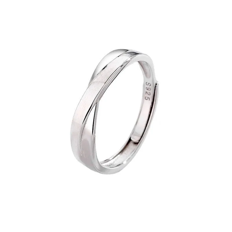 S925 sterling silver Mobius strip interwoven double knot adjustable couple ring on finger showing geometric infinity design