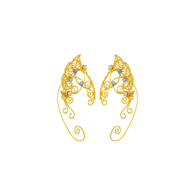 Handmade leaf shaped elf ear clip in gold pair with electroplated finish on woman