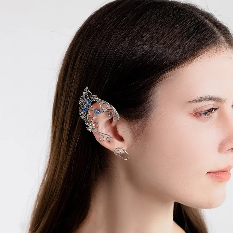Handmade leaf shaped elf ear clip in gold pair with electroplated finish on woman