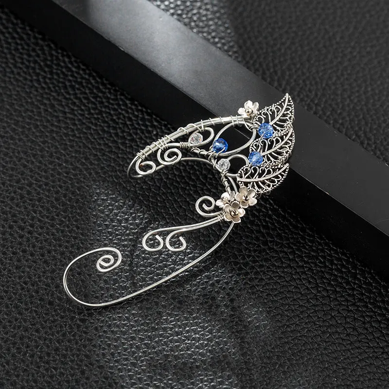 Handmade leaf shaped elf ear clip in gold pair with electroplated finish on woman