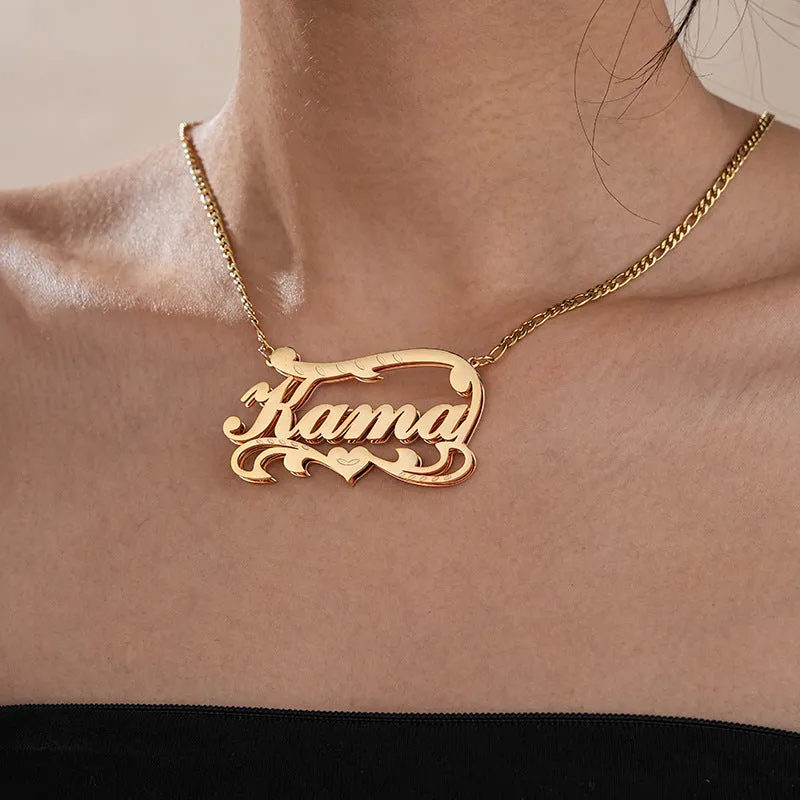 Personalised name necklace with double layer wave heart pendant in stainless steel