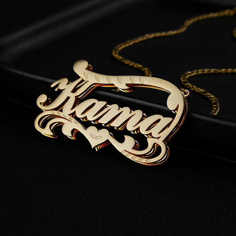 Personalised name necklace with double layer wave heart pendant in stainless steel