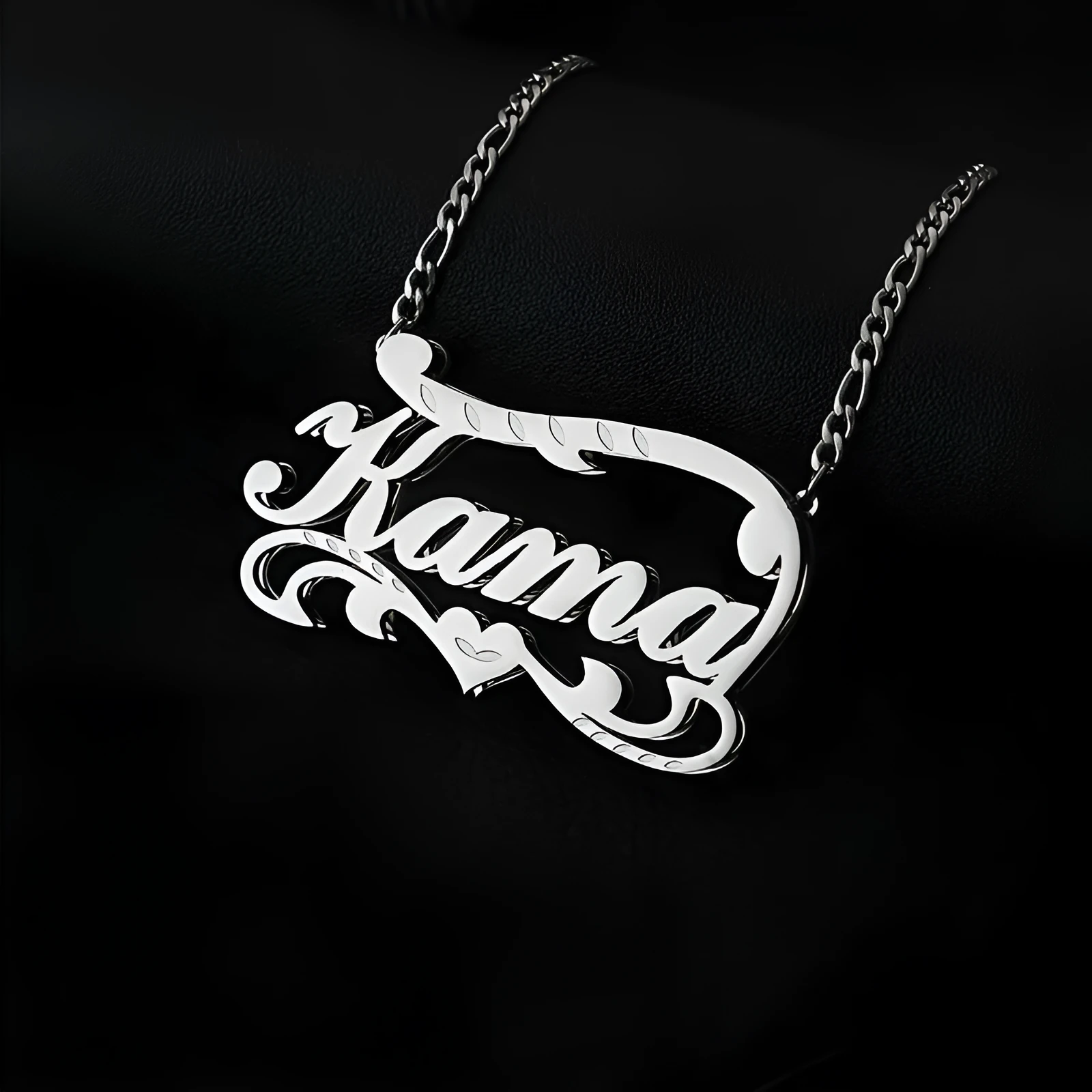 Personalised name necklace with double layer wave heart pendant in stainless steel