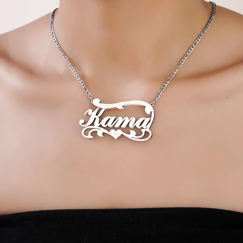 Personalised name necklace with double layer wave heart pendant in stainless steel