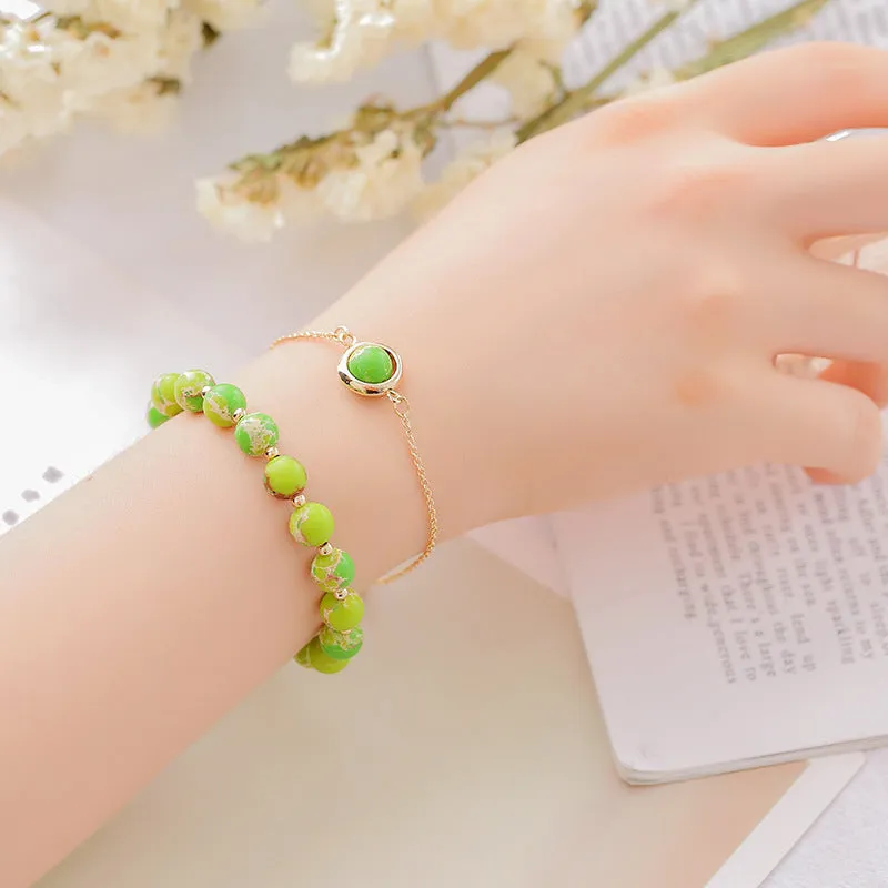 Women's double-layer crystal bracelet with lucky beads and gold electroplating in various natural stone colours