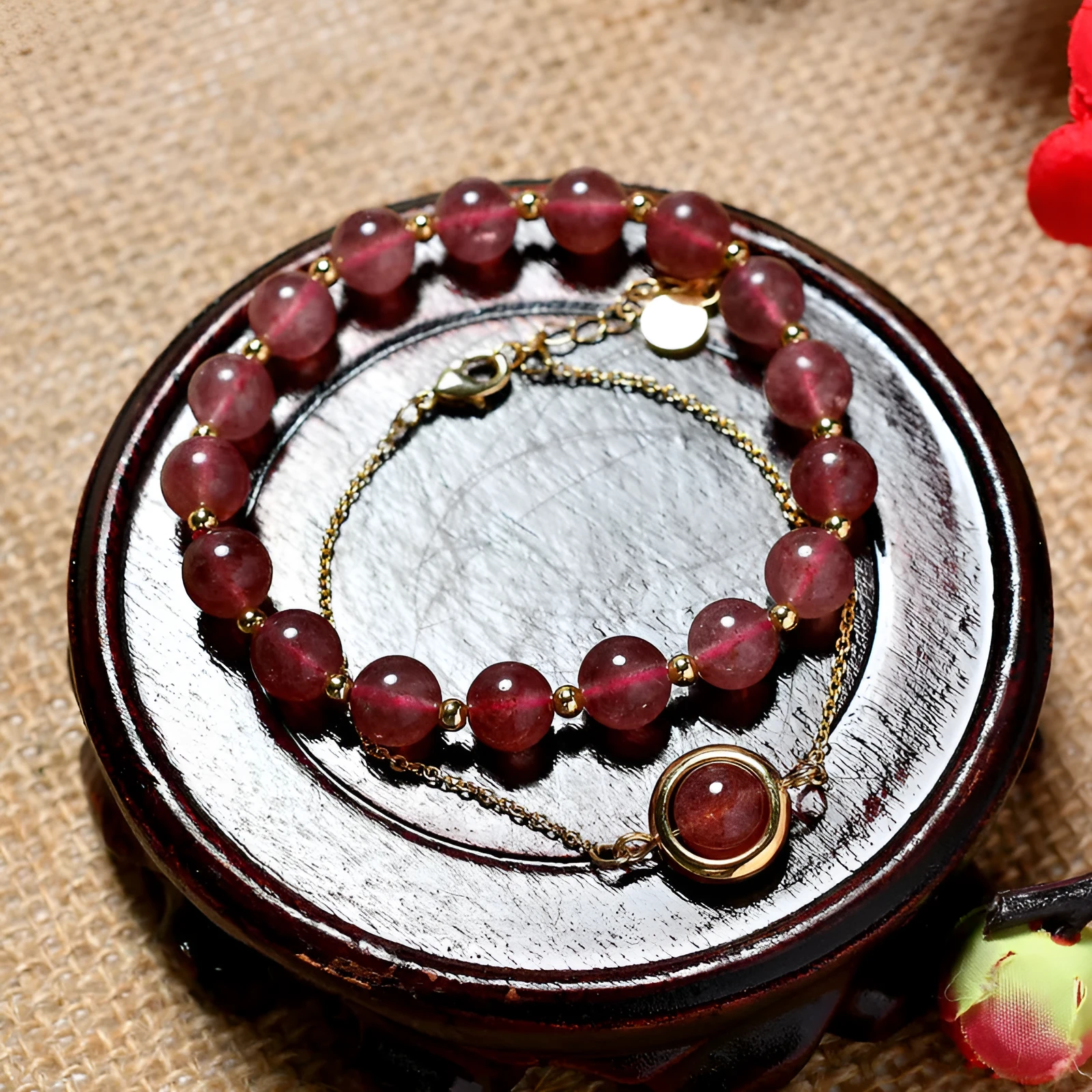 Women's double-layer crystal bracelet with lucky beads and gold electroplating in various natural stone colours