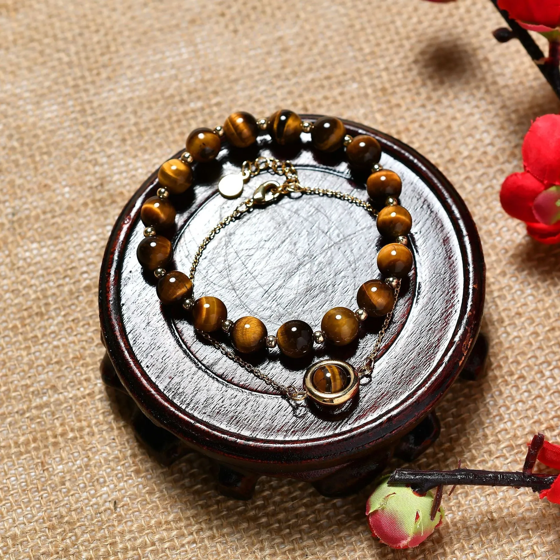 Women's double-layer crystal bracelet with lucky beads and gold electroplating in various natural stone colours