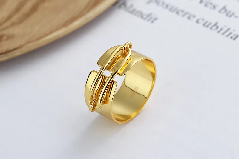 S925 sterling silver cold style irregular geometric ring with adjustable opening, yellow gold finish, round element
