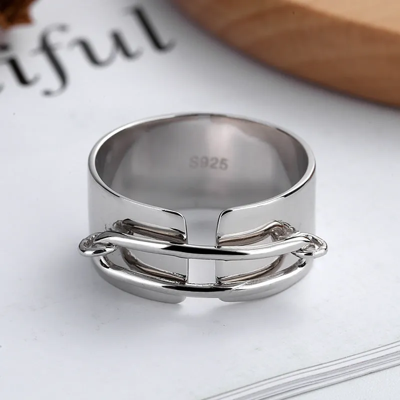 S925 sterling silver cold style irregular geometric ring with adjustable opening, yellow gold finish, round element