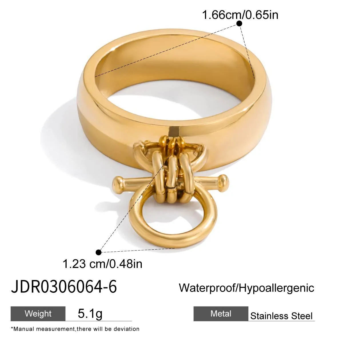 18K gold stainless steel women's open ring with geometric horseshoe motif on a titanium steel band