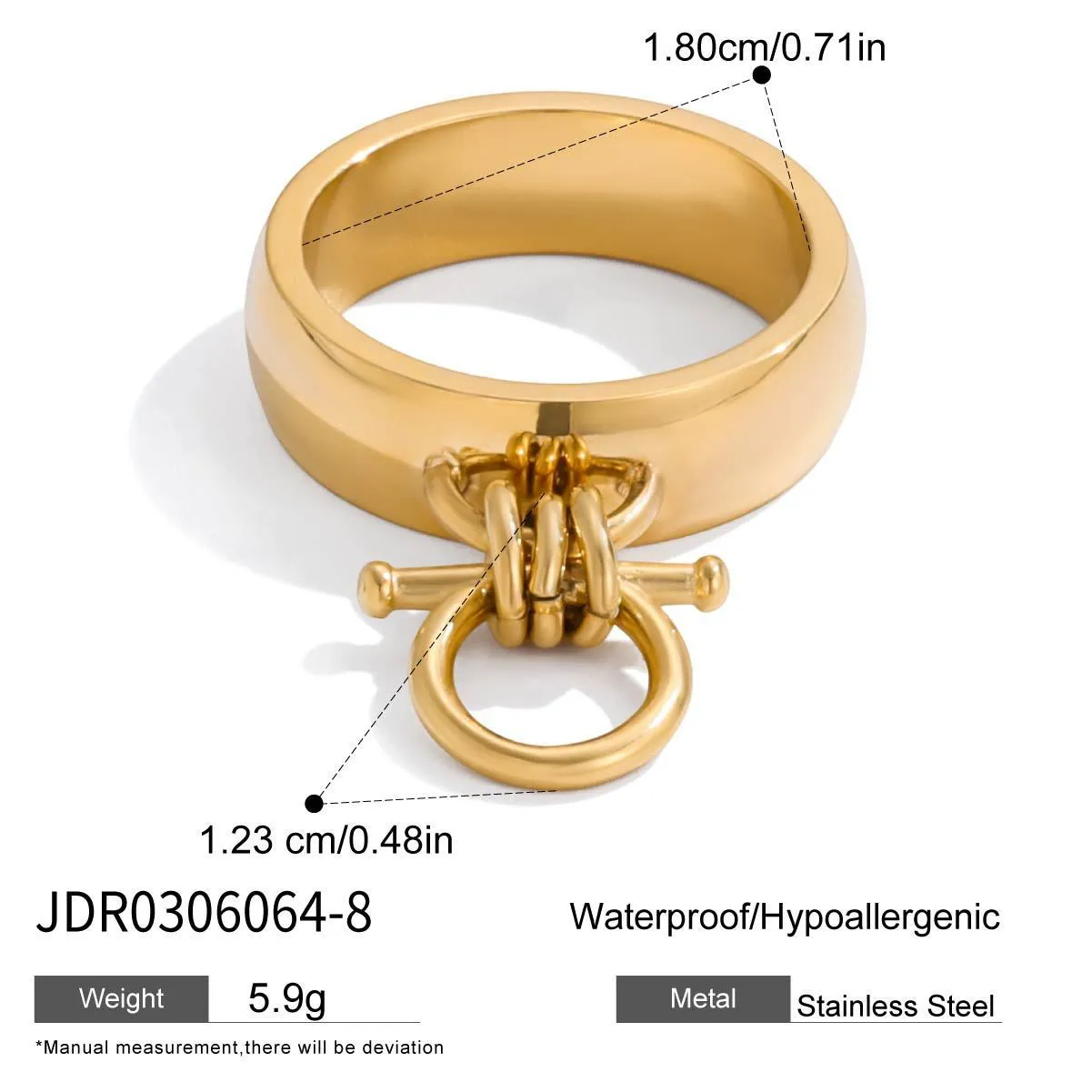 18K gold stainless steel women's open ring with geometric horseshoe motif on a titanium steel band