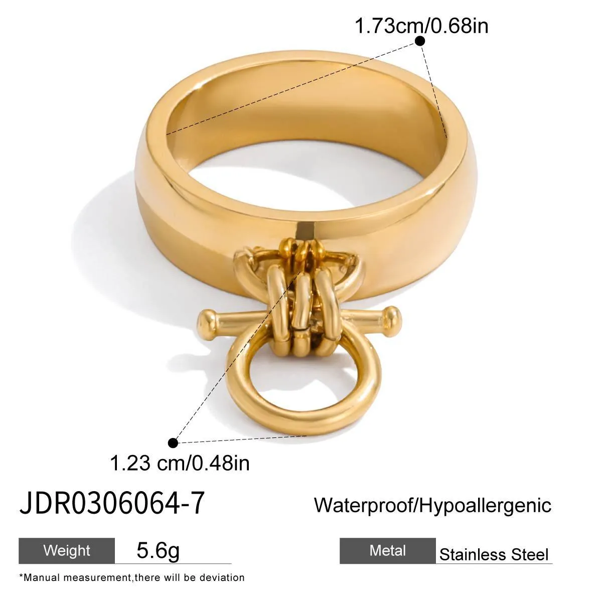 18K gold stainless steel women's open ring with geometric horseshoe motif on a titanium steel band