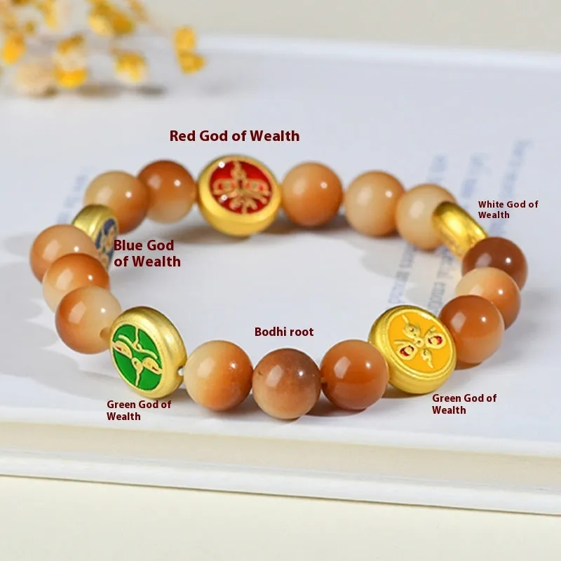Yellow Bodhi seed bracelet showing five directions geometric design with round beads