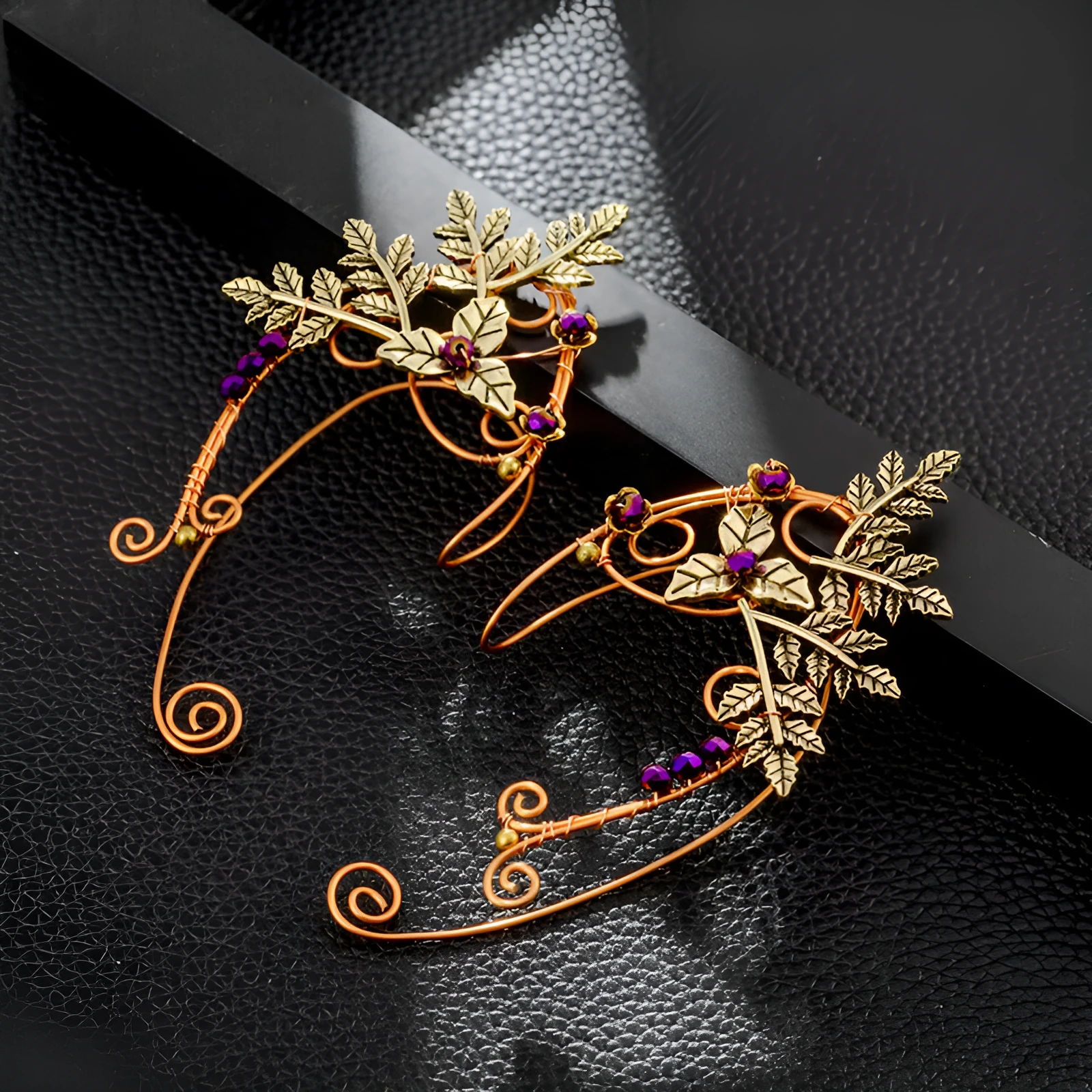Retro handmade ear clip elf earrings in rose gold with geometric shape on a clip-on back