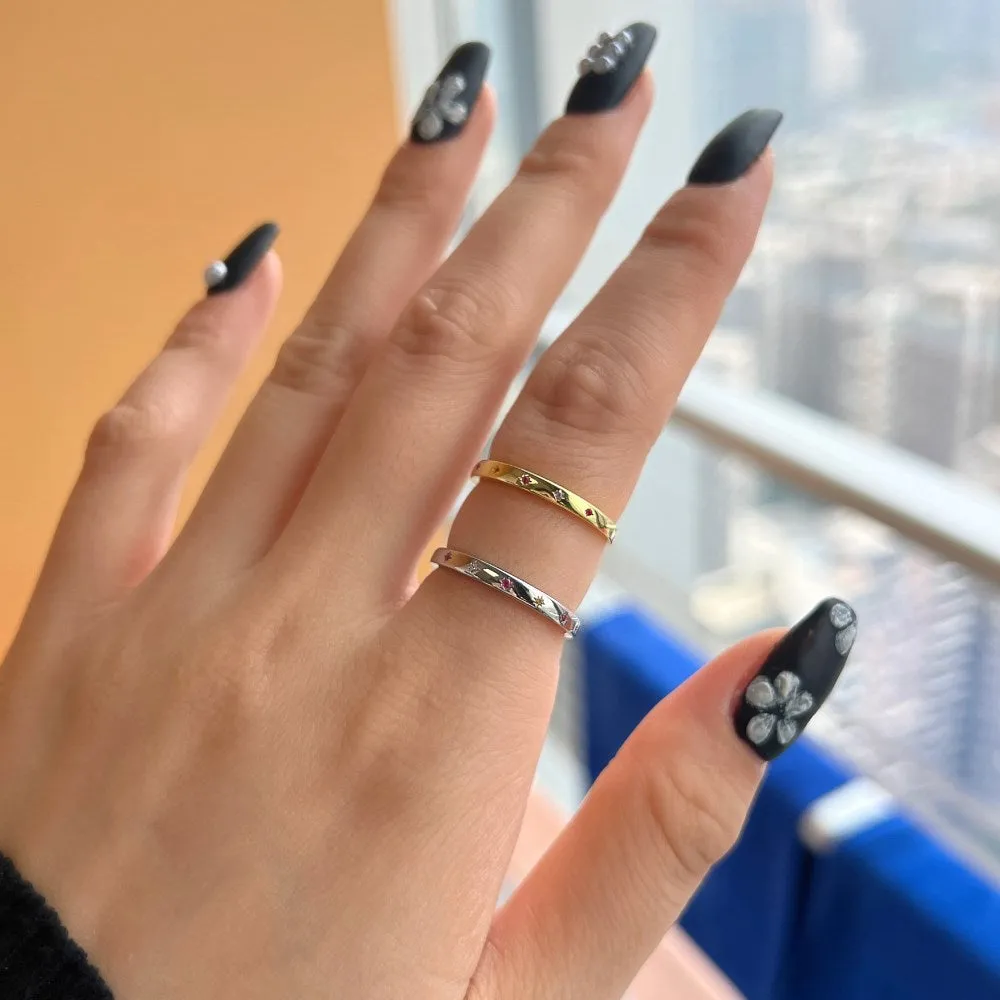 Six-pointed star candy-coloured diamond-embedded electroplated silver ring for women