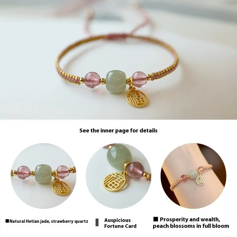 Adjustable red rope bracelet with strawberry quartz beads, showcasing national style design.